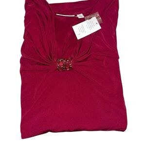 Susan Graver Womens 3X Liquid Knit 3/4 Sleeve Top Azalea Beading V Neck NWT